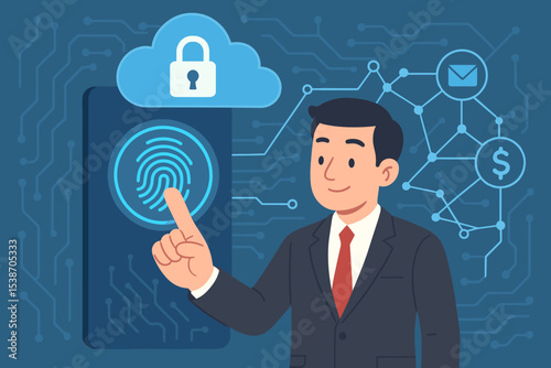 Biometric authentication concept with a businessman using a fingerprint scanner. Secure cloud network and data protection. Cybersecurity, privacy, and financial technology access.