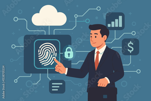 Biometric authentication concept with a businessman using a fingerprint scanner for secure access. Cybersecurity, network data protection, cloud computing, and digital identity.