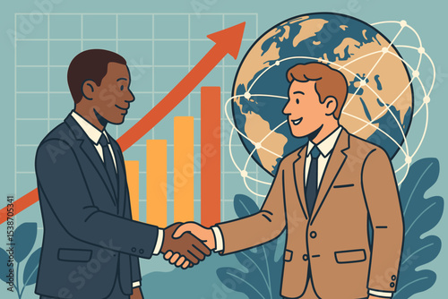 Successful business partnership concept. Diverse businessmen shaking hands. Global deal, international agreement, financial growth chart. Corporate collaboration and teamwork vector.
