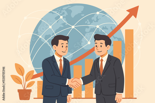 Businessmen shaking hands for a successful partnership agreement. Concept of global business, cooperation, and teamwork. Vector illustration of a deal with a growth chart and world map.