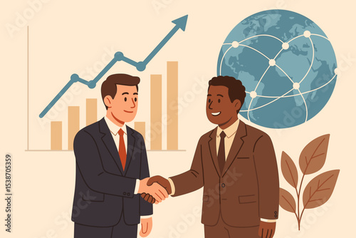 Business partnership success with diverse businessmen shaking hands. Global collaboration and international deal. Concept of financial growth with chart and globe network.