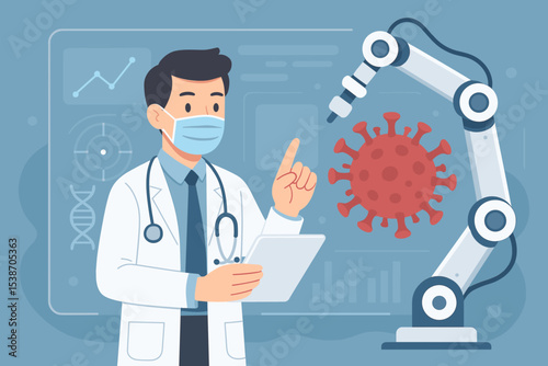 Medical research with AI and robotics. Doctor in a mask analyzing virus data on a tablet with a robotic arm. Concept of futuristic healthcare, virology, and vaccine development.