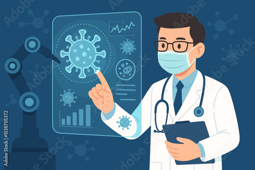 Futuristic medicine concept. Doctor in mask analyzing virus on a holographic screen. Scientist using AI and robotics for pandemic research. Medical technology innovation and data analysis.