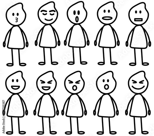 Stick Figure Character Emotions – Expressive Facial Reactions in Cartoon Style.  Perfect for educational materials, emotion charts, comics, and mental health content