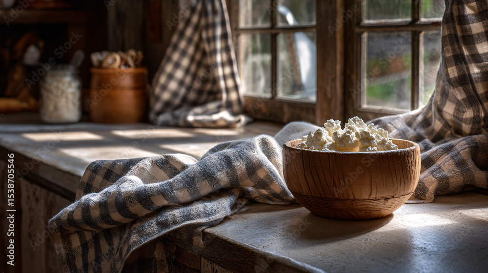 Fototapeta premium Rustic Kitchen Counter with Bowl of Fresh Cottage Cheese