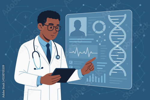 Digital health innovation with an African American doctor analyzing medical data on a futuristic interface. Telemedicine, genetic research, e-health, and personalized medicine concept.
