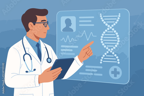 Digital health innovation concept. Doctor with tablet analyzing patient data on a futuristic interface. Medical technology, genetic research, diagnostics with DNA and EKG.