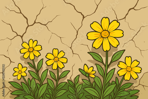 Cartoon vector of yellow flowers growing from a cracked wall or dry ground. A concept metaphor for hope, resilience, new life, strength, and perseverance against adversity.