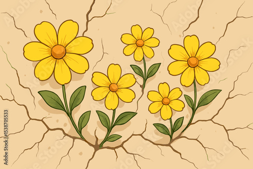 Concept of hope, resilience, and strength. Yellow flowers growing through cracks in a concrete wall. New life, growth, and perseverance metaphor. Nature overcoming adversity.