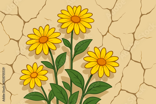 Cartoon illustration of yellow daisy flowers growing on a cracked wall. Concept of resilience, hope, and new life. Vector floral art on a dry earth stucco background.