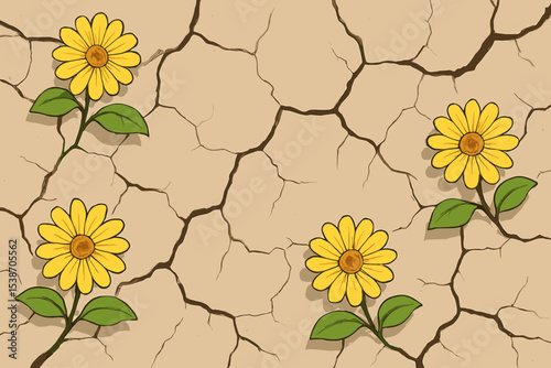 Hope and new life concept with yellow flowers growing in dry cracked desert soil. Metaphor for resilience, perseverance, survival, and strength against all odds. Vector background.