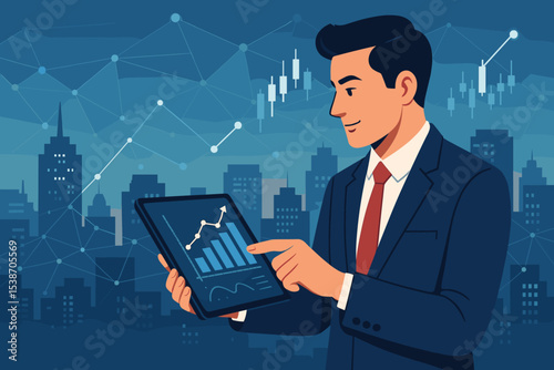 Businessman analyzing stock market data on a tablet. Concept of digital finance, investment strategy, and business growth. Trader checking financial chart and graph. Fintech illustration.