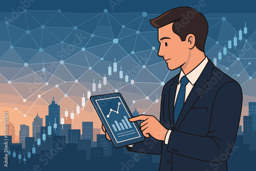 Businessman analyzing financial data on a tablet. Stock market trading and investment strategy concept. Fintech illustration with candlestick chart, network graph, and city skyline.