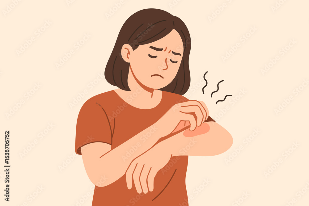 Young woman scratching an itchy red rash on her arm. Concept for skin allergy, atopic dermatitis, eczema, or psoriasis. Medical and dermatology vector illustration of skin problems.