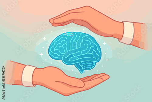 Mental health and brain protection concept. Hands protecting a glowing digital brain. Psychology, neuroscience and AI technology vector illustration. Mind wellness, memory care and therapy symbol.