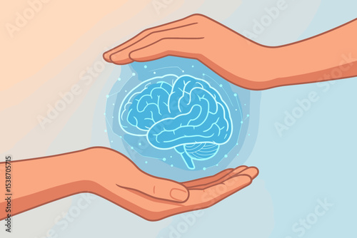 Mental health care and brain protection concept. Hands holding a glowing digital brain. Psychology, neurology, and mind care. Artificial intelligence, memory support, and virtual wellness.