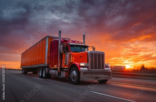A vibrant red semitruck speeds down a highway against an orange sunset backdrop
