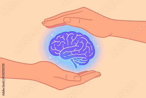 Mental health care concept. Hands protecting a glowing brain. Psychology, neuroscience, therapy, and wellness metaphor. Emotional intelligence, memory support, mind protection.