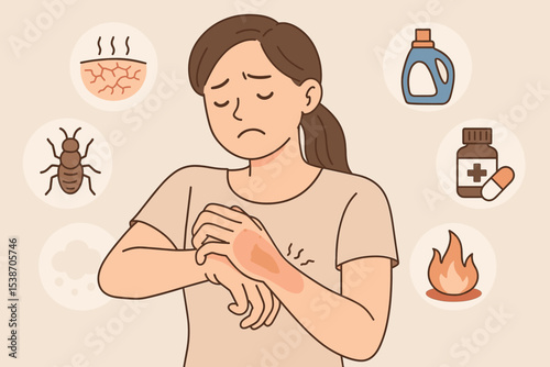 Allergy symptoms concept. Unhappy woman scratching itchy red rash from dermatitis or eczema on her arm. Vector illustration showing skin irritation causes like bugs, dust, chemicals.