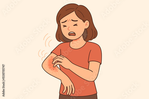 Woman scratching an itchy arm with a red rash. Allergic reaction and skin irritation concept. Eczema or dermatitis symptom. Dermatology health problem. Uncomfortable person.