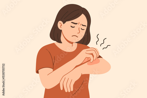 Young woman scratching an itchy red rash on her arm. Concept for skin allergy, atopic dermatitis, eczema, or psoriasis. Medical and dermatology vector illustration of skin problems.