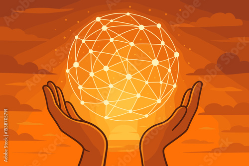 Technology and global connection concept. Hands hold a glowing network sphere over a sunset horizon. Metaphor for communication, data, innovation, future, and worldwide community.