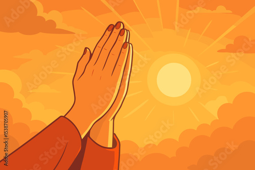 Praying hands gesture at sunset. A spiritual concept of faith, hope, and gratitude. Religious illustration of worship, belief, and meditation. Praying to God for a blessing.