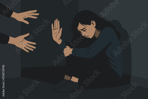 Depressed woman sitting alone in a dark corner, refusing help with a stop gesture. Concept of mental health issues, depression, anxiety, fear, abuse, harassment, and trauma.
