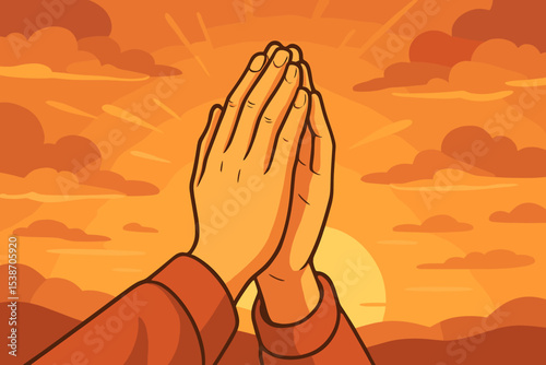 Praying hands vector illustration against a sunset or sunrise sky. A symbol of faith, hope, spirituality, and belief. Religious worship, gratitude, and meditation concept design.
