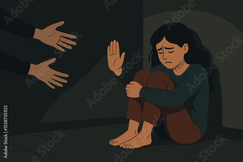 Scared lonely woman hiding in a dark corner showing stop gesture. Concept of mental health issues, depression, anxiety, fear, trauma. Victim of abuse, violence, harassment.