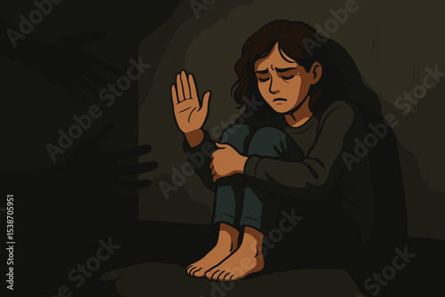 Scared woman victim of domestic violence and abuse sitting in dark corner. Concept of depression, anxiety, fear, trauma. Stop harassment. Mental health problem vector illustration.