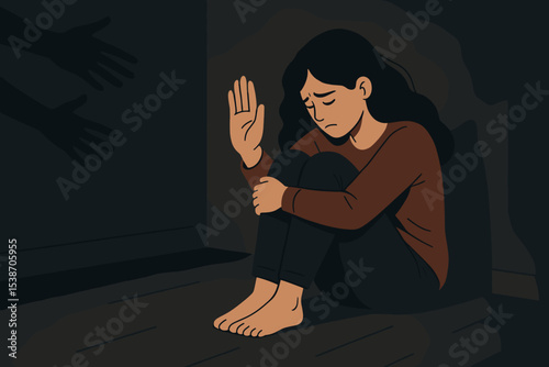 Frightened woman showing stop gesture, victim of domestic violence and abuse. Sad girl in dark corner fears shadow hands. Concept of anxiety, depression, ptsd, trauma, mental health.