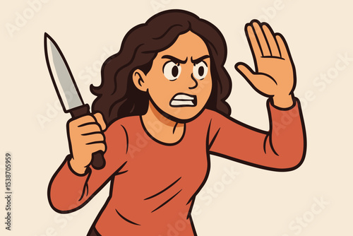 Scared woman in a defensive stance holding a knife for self-defense. Frightened female victim gesturing stop. Concept of fear, threat, danger, assault, and domestic violence.