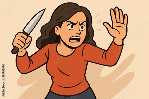 Scared angry woman holding kitchen knife for self defense. Frightened female protecting herself from attacker. Concept of domestic violence, abuse, danger, victim, aggression, survival.