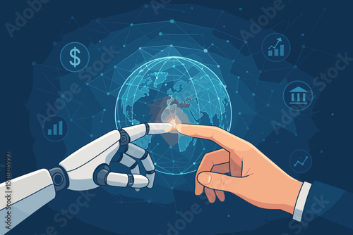 Fintech and AI concept. Human and robot hands connection. Future of global finance and business. Digital transformation, investment, banking technology on a network background.