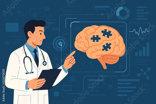 Brain health analysis concept. Doctor points at brain with puzzle pieces. Metaphor for dementia, Alzheimer's, memory loss. Neurology, psychology, mental disorder diagnosis vector.