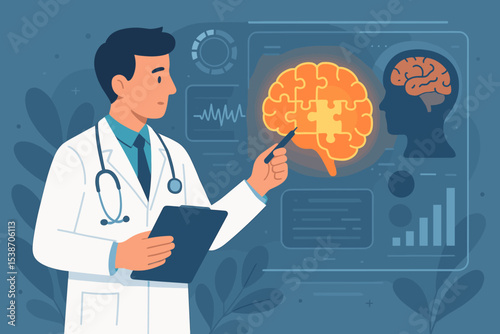 Doctor analyzing brain health on a futuristic screen. Neurology and mental health concept. Brain as a puzzle metaphor for psychology, dementia, Alzheimer's, and memory loss.