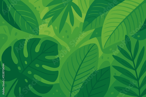 Lush green jungle background with tropical leaves. Stylized vector illustration of exotic foliage, monstera and palm. Abstract botanical nature pattern for summer design.