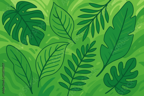 Vector set of hand-drawn tropical leaves. Jungle foliage collection with monstera, palm, and banana leaf. Exotic botanical illustration on a green background for summer concepts.