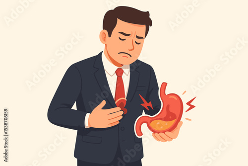 Businessman suffering from a stomach ache, pain, and indigestion. Man with gastritis, heartburn, and acid reflux. Concept for digestive system diseases and medical problems. Health care vector.