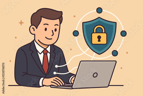 Cybersecurity concept with a businessman using a laptop. Network security and data protection illustration. IT specialist ensuring online safety with a firewall shield and lock icon.