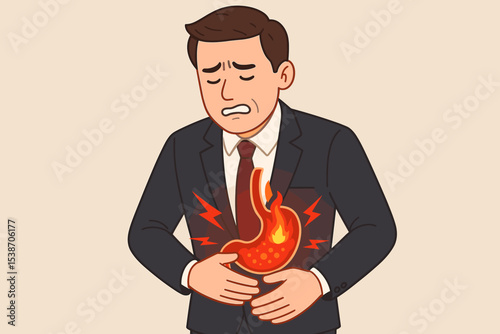 Businessman suffering from stomach ache and heartburn. Man in suit with indigestion, gastritis, and stomach pain. Medical vector illustration of a burning stomach. Acid reflux.