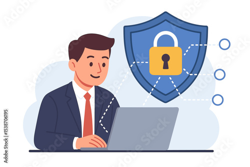 Cybersecurity concept for network and data protection. Businessman at laptop with security shield and padlock. Internet safety, online privacy, secure system, antivirus software.