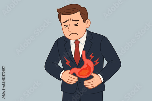 Stressed businessman suffering from stomach ache. Man with abdominal pain, indigestion, gastritis, heartburn, or food poisoning. Digestive system disease concept vector illustration.