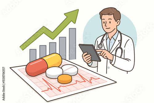 Doctor with tablet analyzing medical data. Concept for pharmaceutical industry growth, healthcare technology and successful treatment. Pills on EKG chart with growth graph background.
