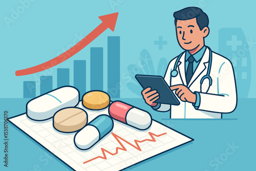 Doctor analyzing pharmaceutical data on a tablet. Medical progress concept with pills, EKG, and growth chart. Healthcare technology, research, and medicine industry illustration.