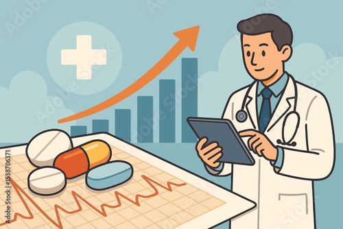 Medical progress concept. Doctor with tablet analyzes pharmaceutical data. Healthcare professional with pills and medication on EKG chart. Health industry growth graph vector illustration.