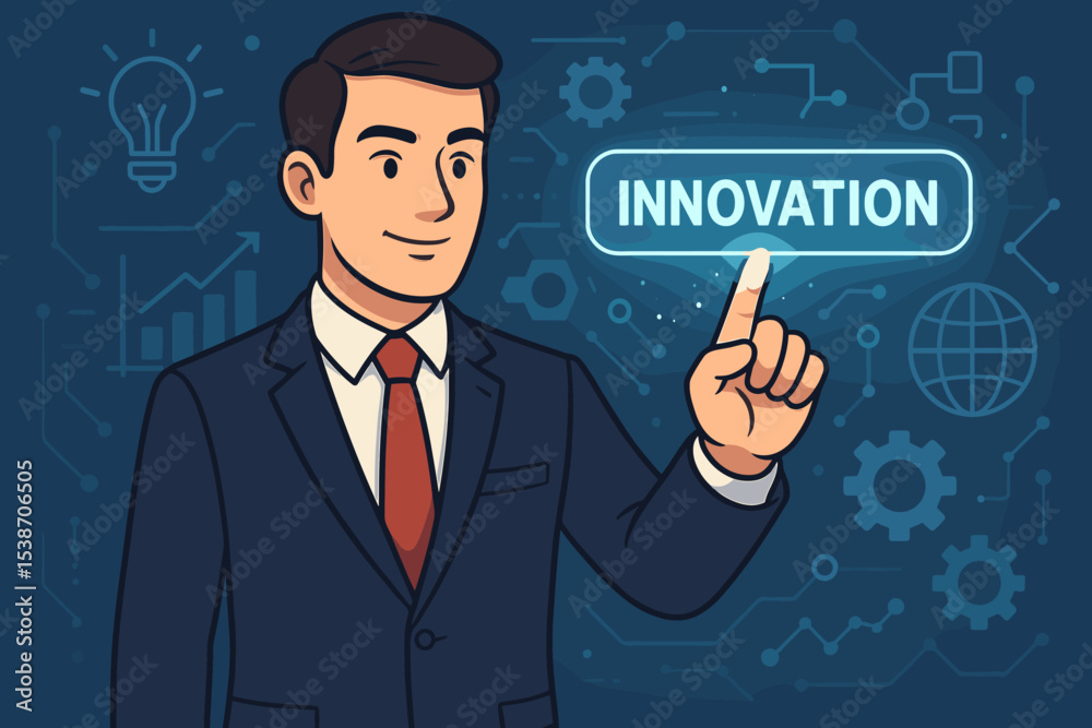 Businessman touching innovation button on futuristic digital interface. Business concept for new ideas, technology, and strategy. Corporate growth, vision, and digital transformation.