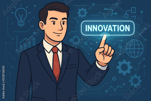 Businessman touching innovation button on futuristic digital interface. Business concept for new ideas, technology, and strategy. Corporate growth, vision, and digital transformation.