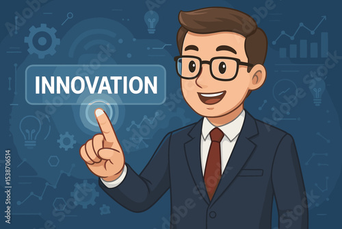 Businessman pressing innovation button on a virtual interface. Business concept of new ideas, technology, strategy for growth. Futuristic screen with icons for creative solutions.